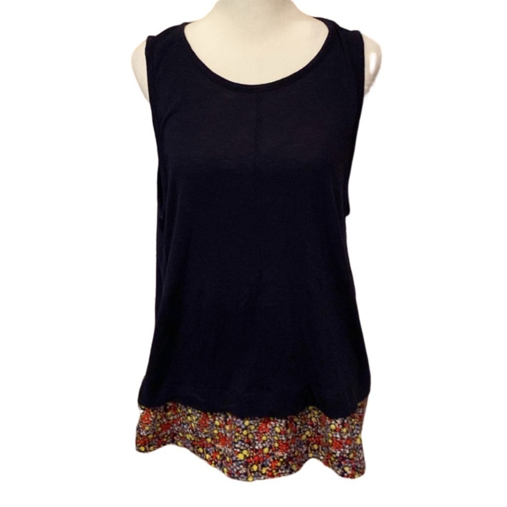 J Crew XL tank blouse. Navy with floral trim. Keyhole at back of neck.